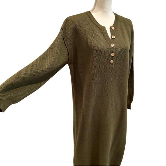 NWOT Long Knit Sweater Dress- Army Green | Button V-Neck + Long Sleeves (M) - Picture 9 of 16
